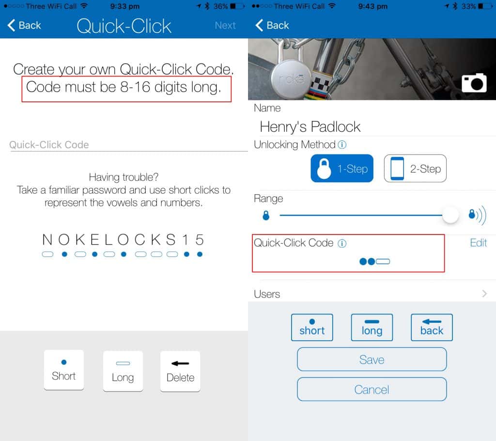 Noke padlock quick-click